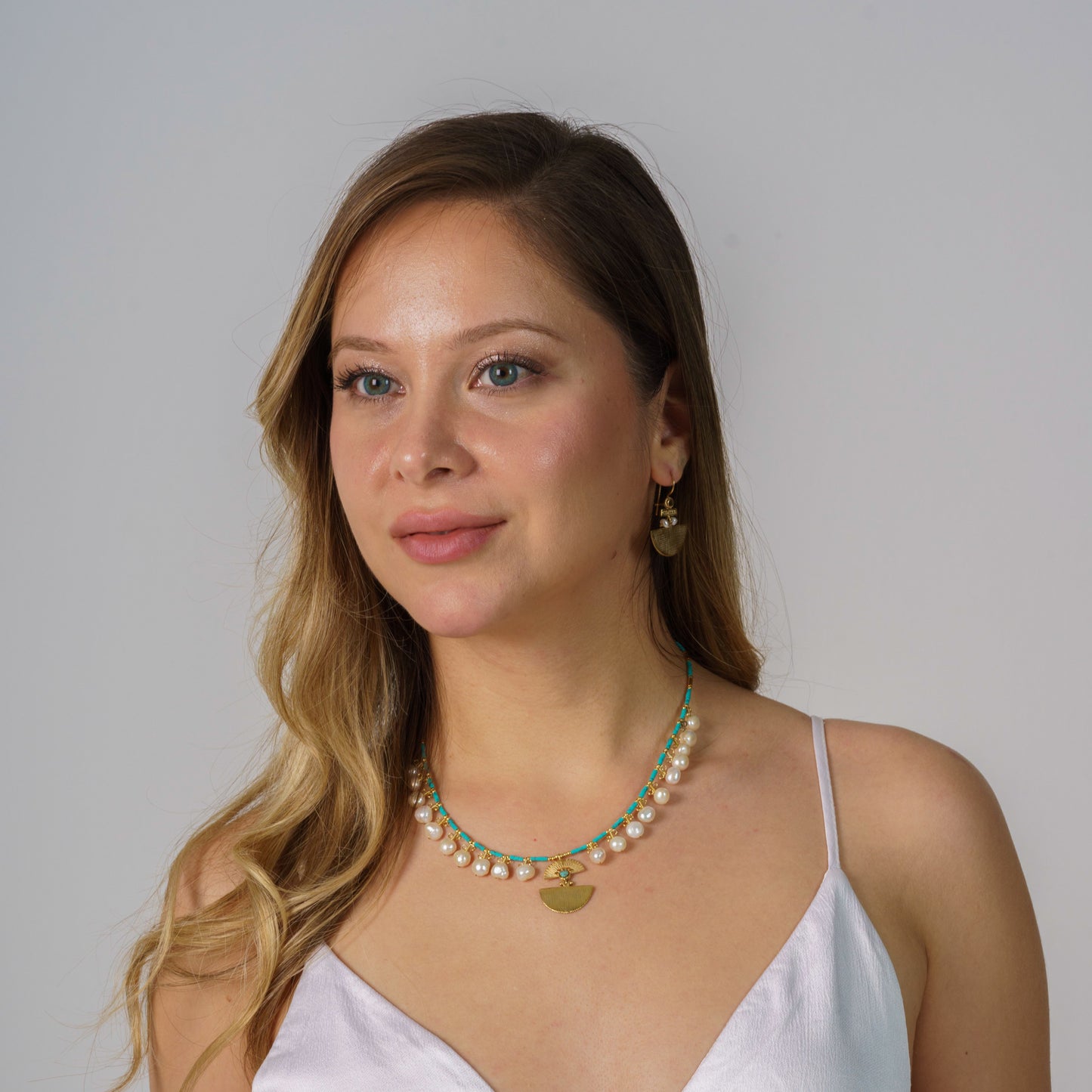 Ariadne Necklace with Pearl and Turquoise Gemstone - Sterling Silver 14K Gold Plated
