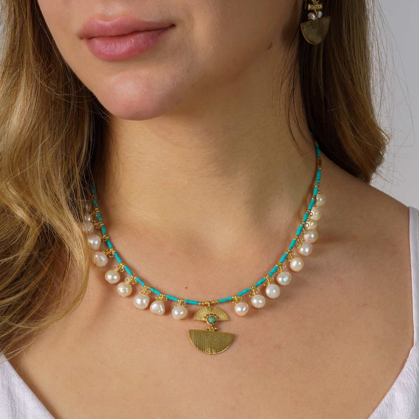 Ariadne Necklace with Pearl and Turquoise Gemstone - Sterling Silver 14K Gold Plated