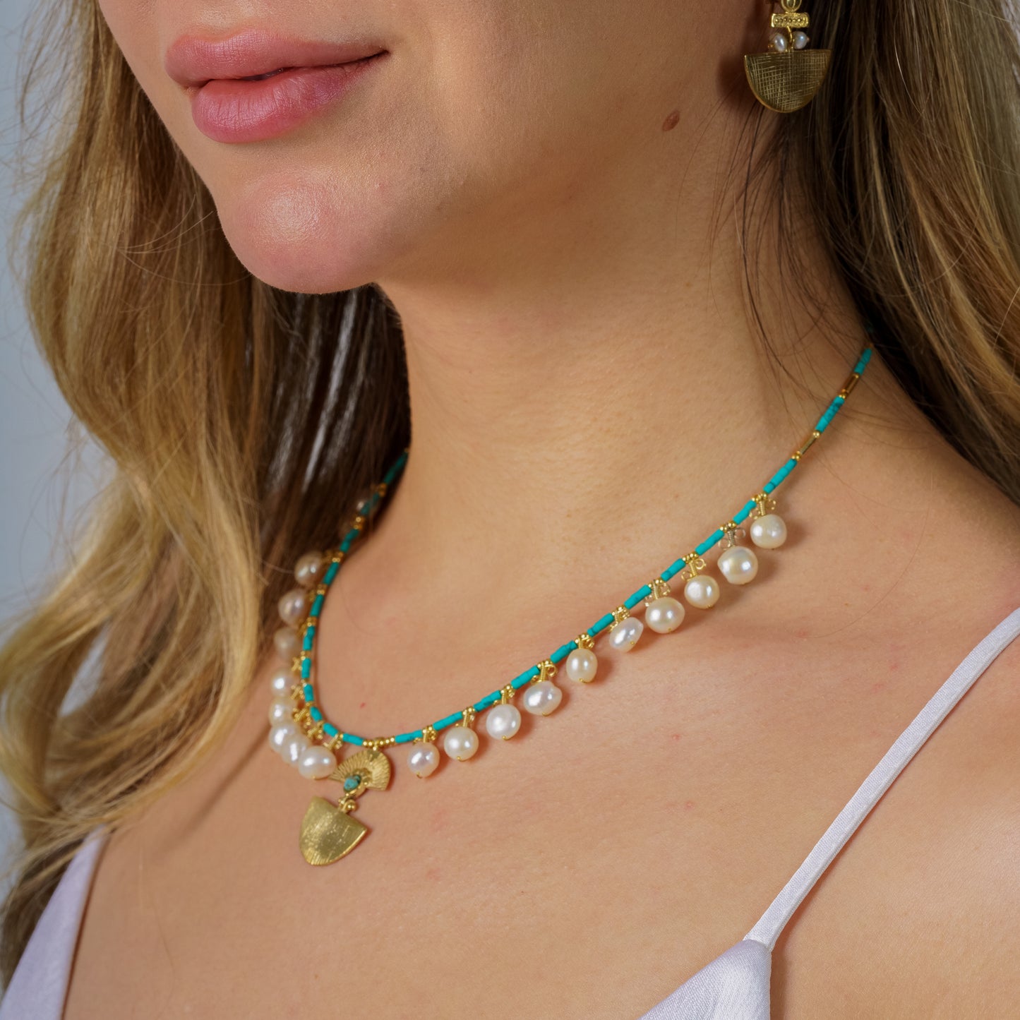 Selena Turquoise Necklace and Earrings Set - 14K Gold Plated