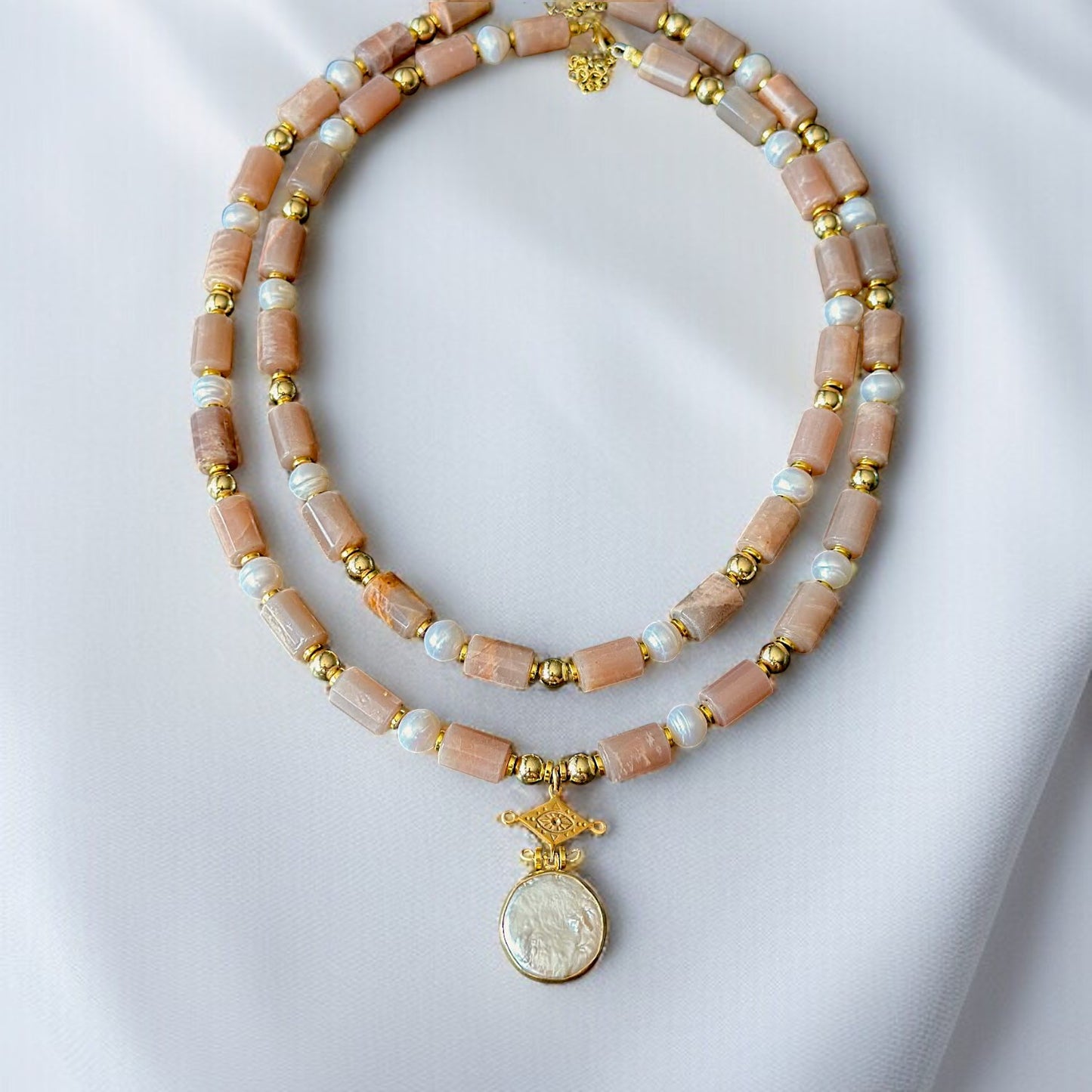 Sunstone & Pearl Layered Necklace Set