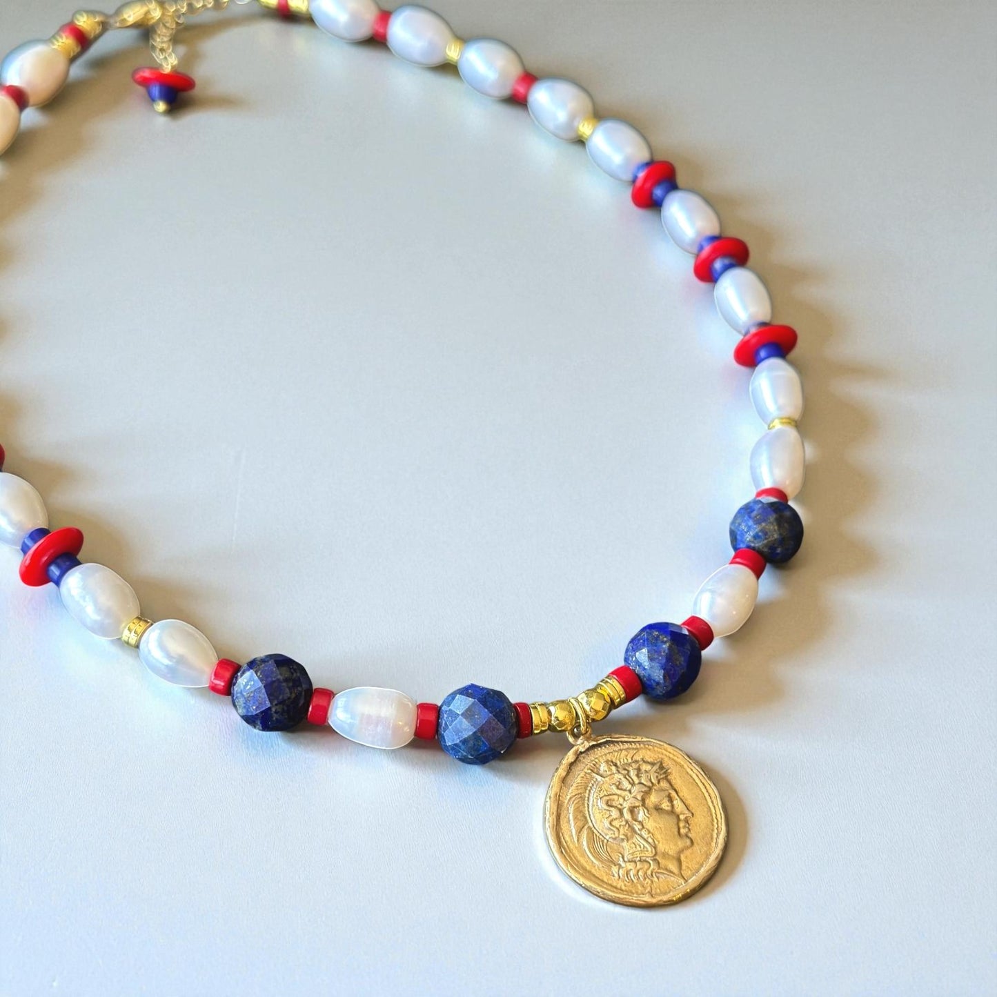 Lapis Lazuli, Coral & Pearl Necklace with Ancient Coin Pendant
