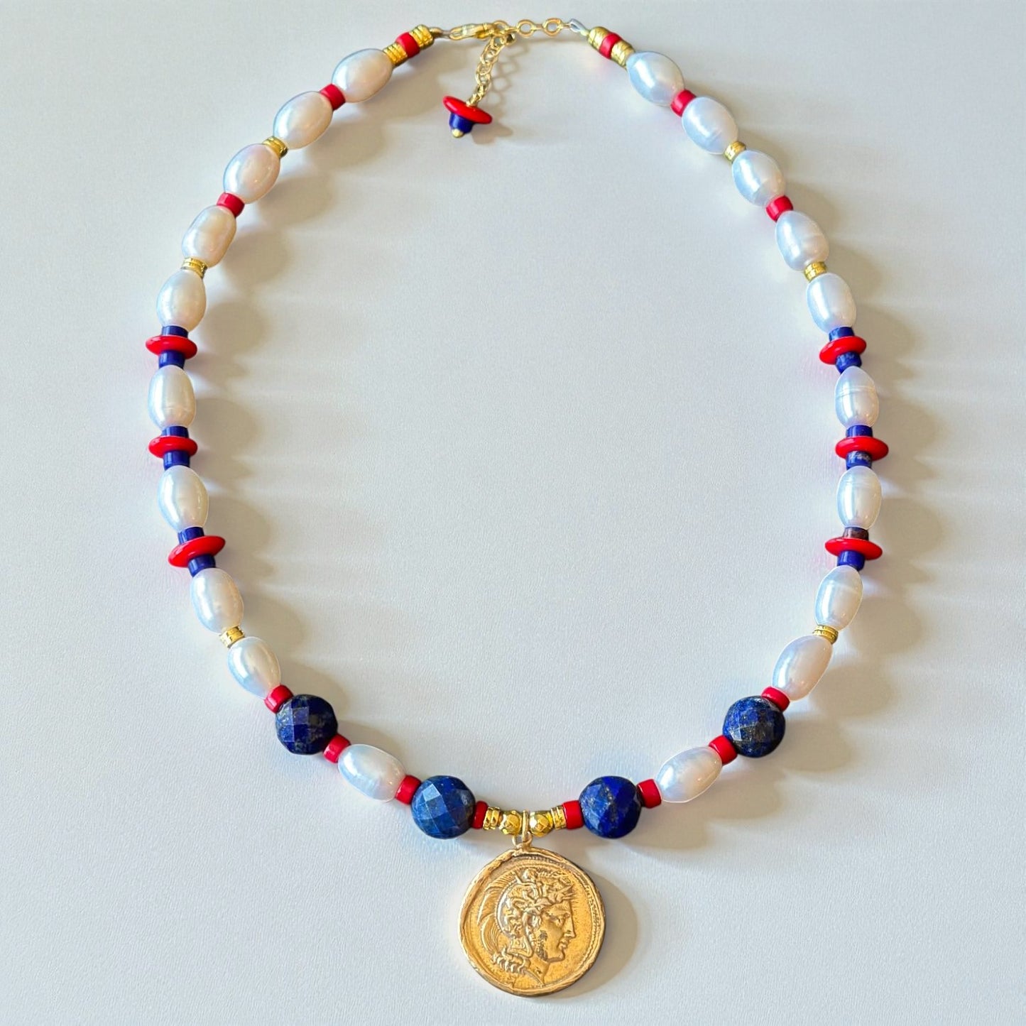 Lapis Lazuli, Coral & Pearl Necklace with Ancient Coin Pendant