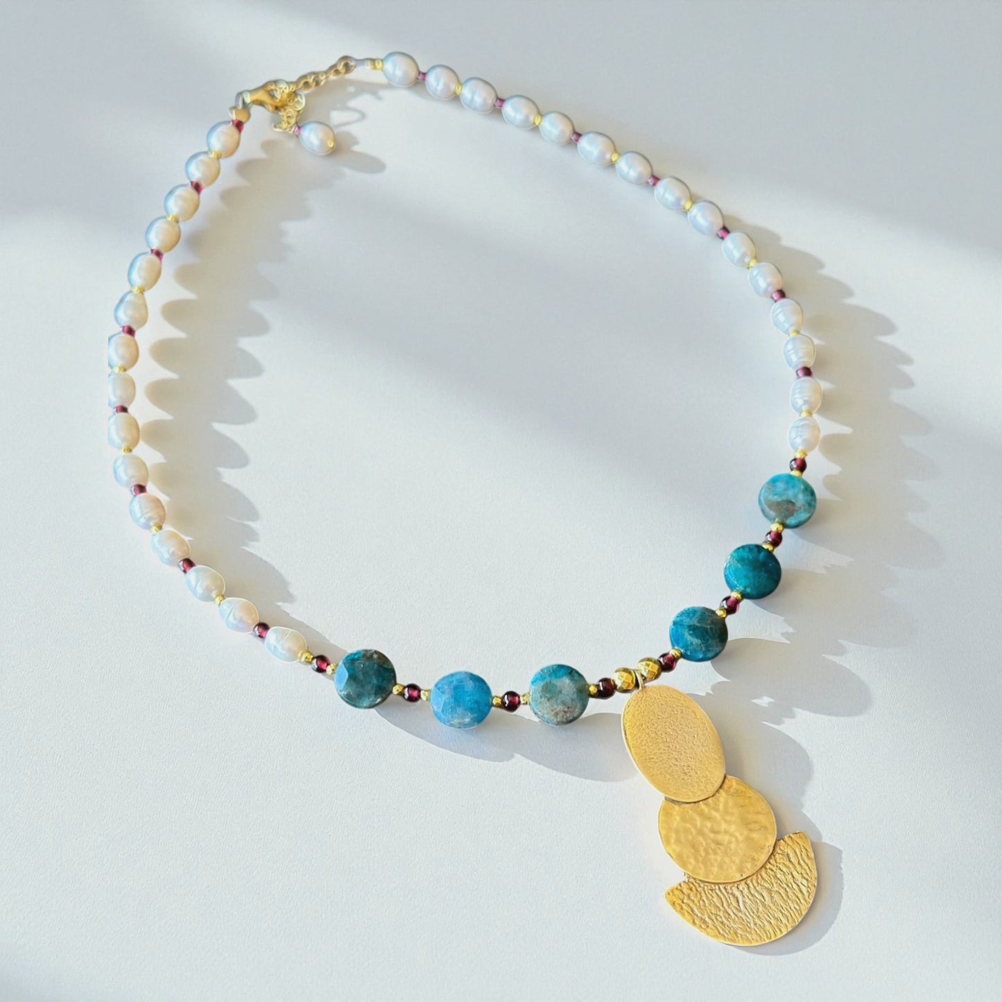 Apatite, Garnet & Pearl Necklace with Textured Gold Pendant