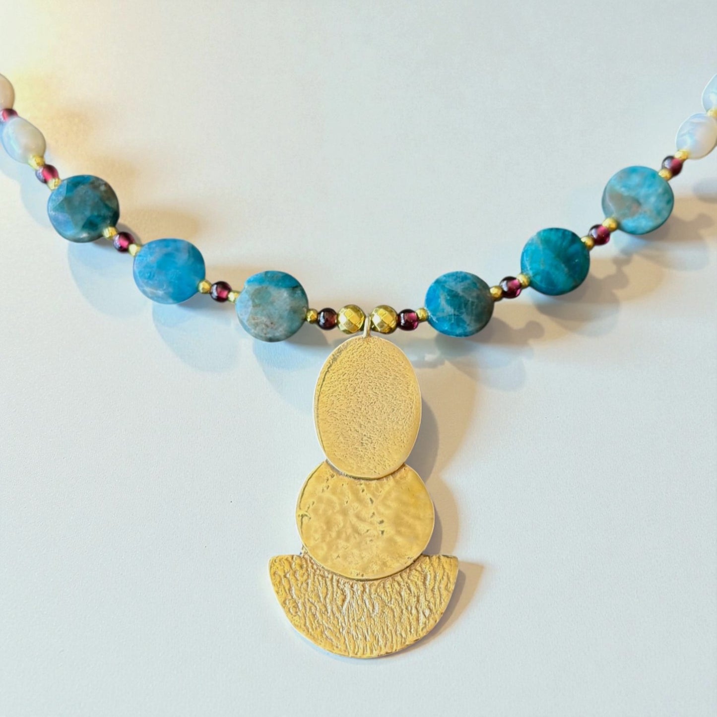 Apatite, Garnet & Pearl Necklace with Textured Gold Pendant