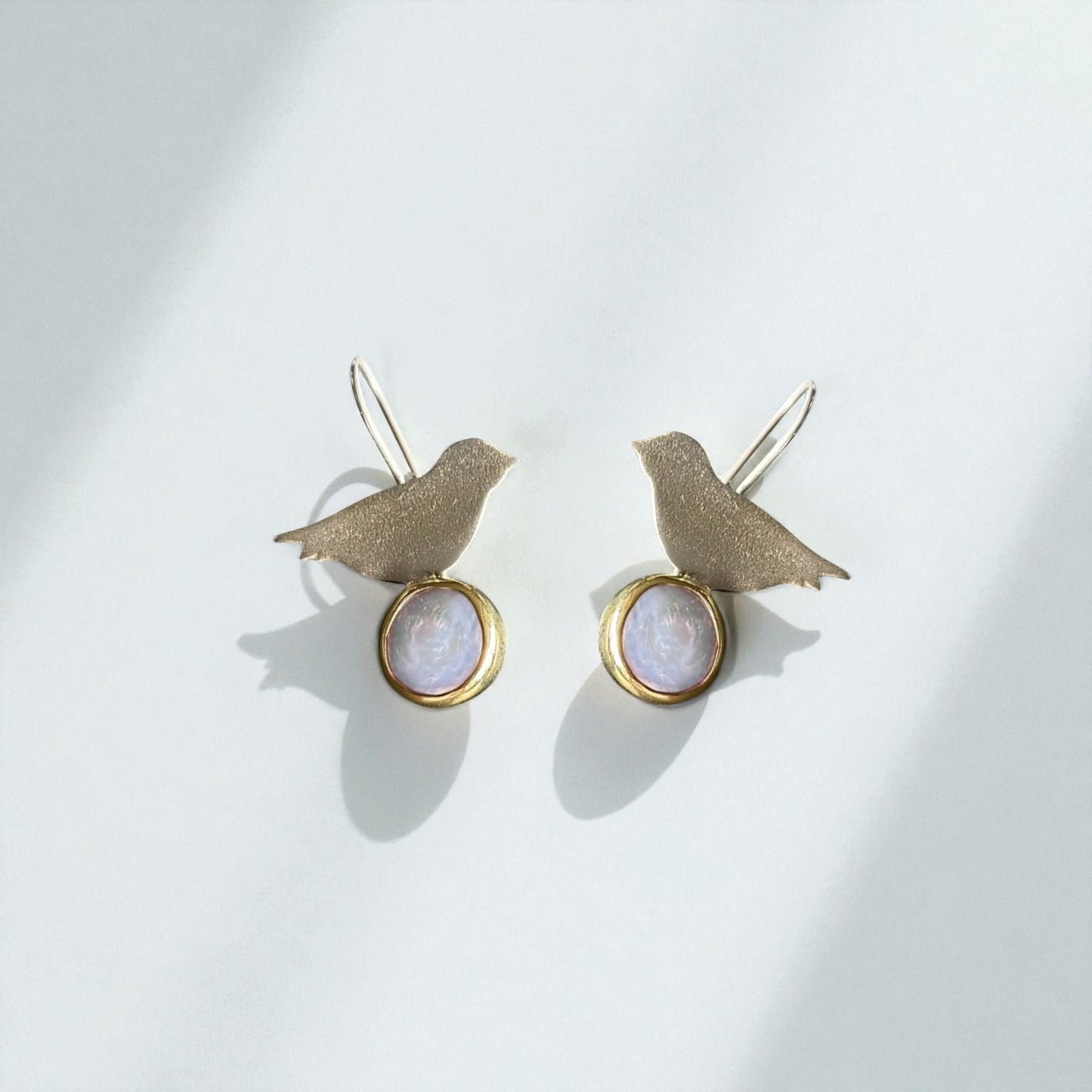 Bird & Pearl Earrings – Sterling Silver with Gold-Plated Details