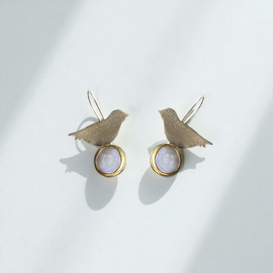 Bird & Pearl Earrings – Sterling Silver with Gold-Plated Details