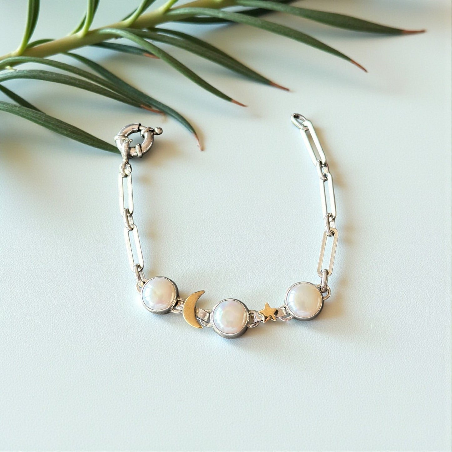 Moon & Star Pearl Bracelet – Sterling Silver with Gold Details