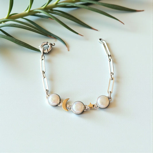 Moon & Star Pearl Bracelet – Sterling Silver with Gold Details
