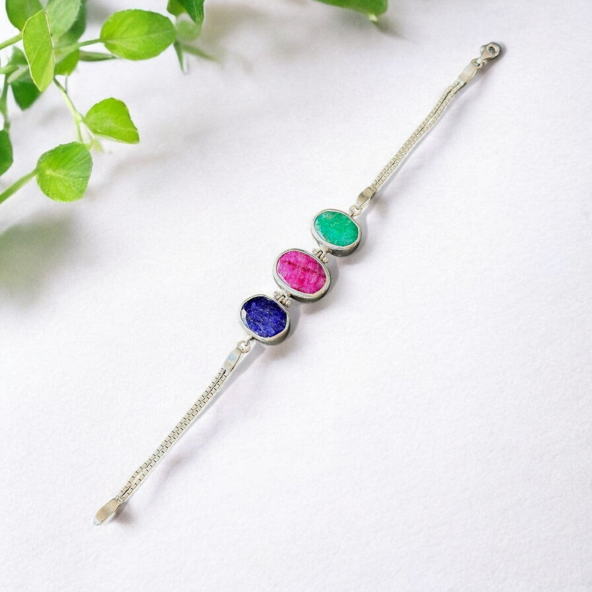 Ruby, Emerald & Lapis Lazuli Bracelet – Sterling Silver Gemstone Trio