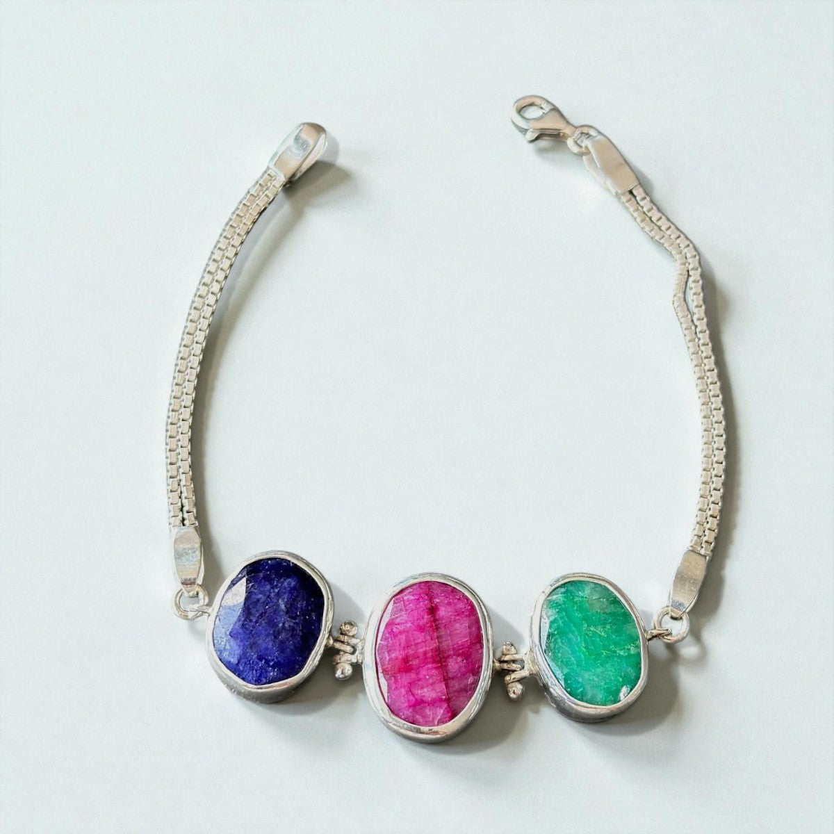 Ruby, Emerald & Lapis Lazuli Bracelet – Sterling Silver Gemstone Trio